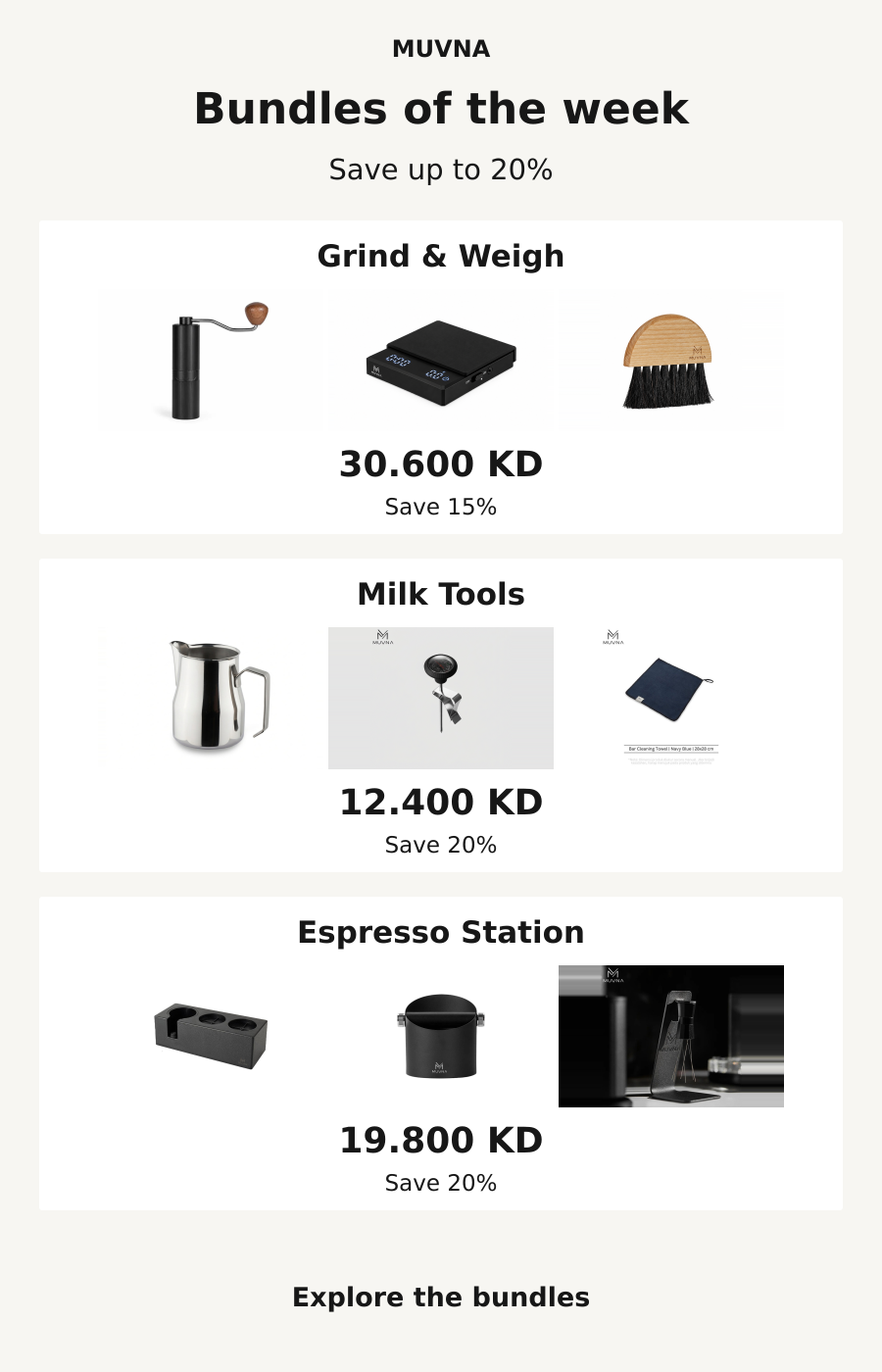 Weekly bundles: Grind and Weigh KWD30.600; Milk Tools KWD12.400; Espresso Station KWD19.800.
