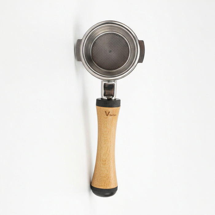 MUVNA V-Series Bottomless Portafilter – Wood Handle, 58mm, 2-Ear