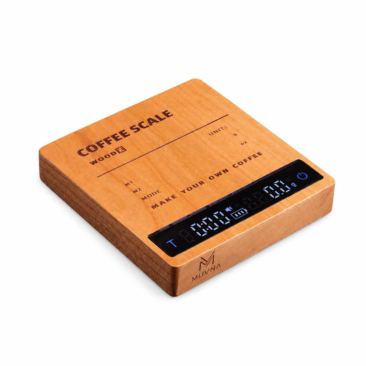 MUVNA ES2401 Cherry Wood electronic coffee scale, angled product view on white background