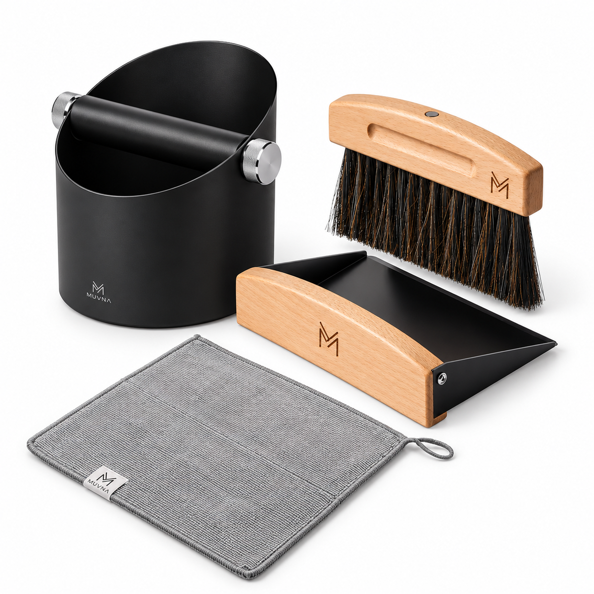 Coffee Bar Cleanup bundle: black MUVNA knock box, brush and dustpan set, and grey barista towel | باقة تنظيف ركن القهوة: حاوية تفريغ موفنا سوداء وطقم فرشاة ومجرود وفوطة باريستا رمادية